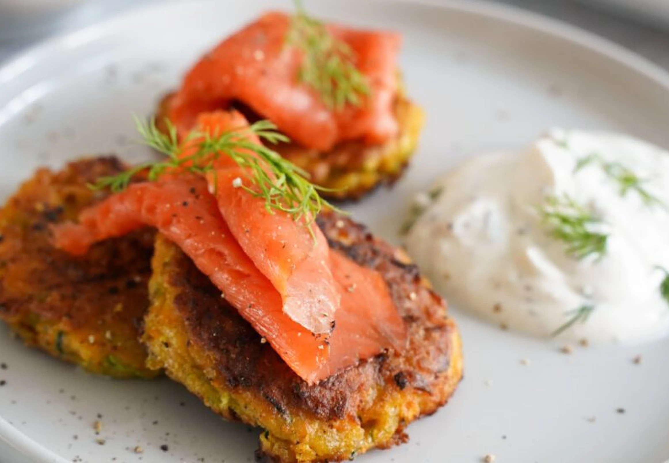 Sweet Potato and Zucchini Pancakes with Wild Alaska Smoked Salmon