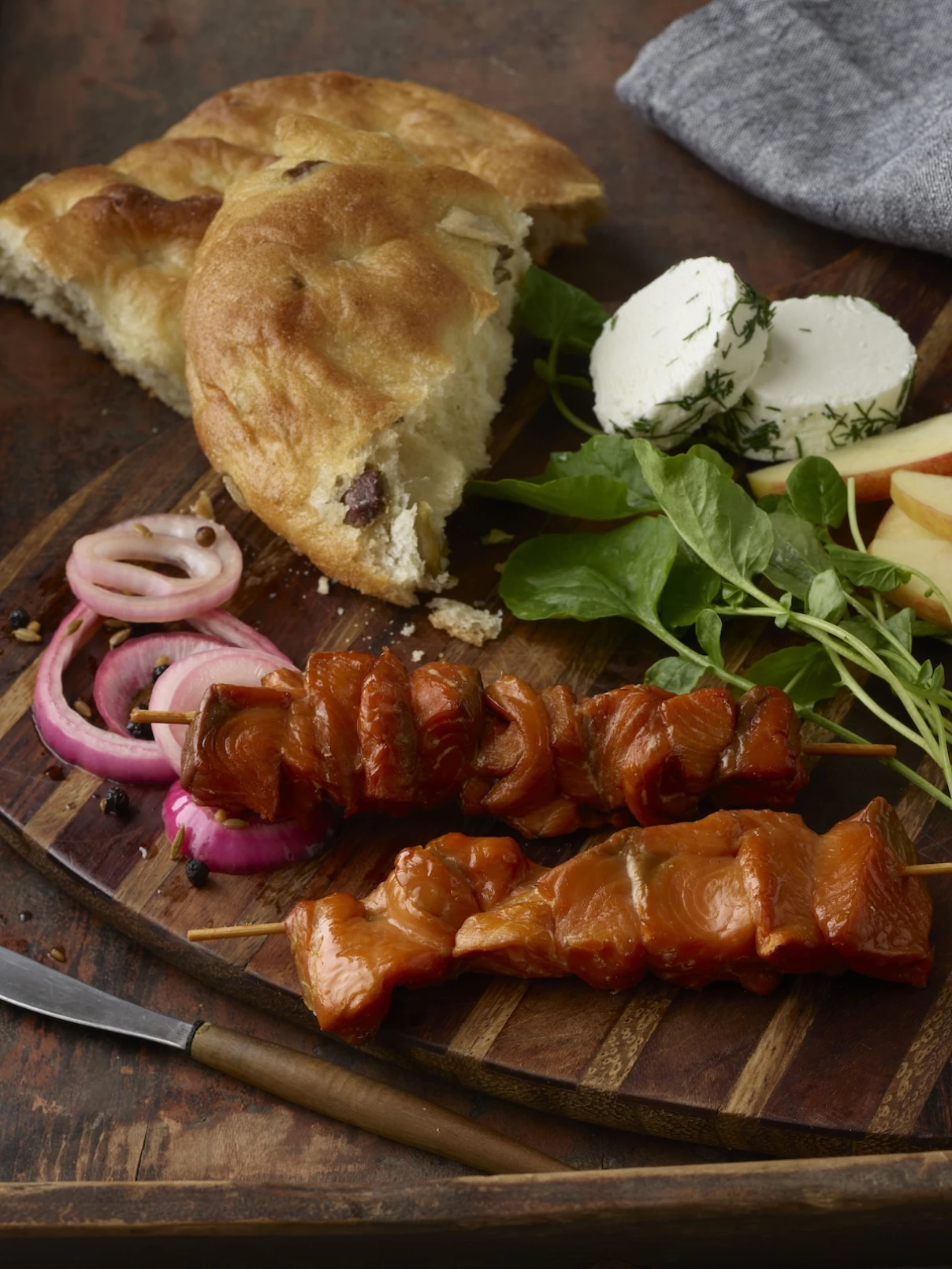 Hot Smoked Coho Skewers with Apple Spinach Salad