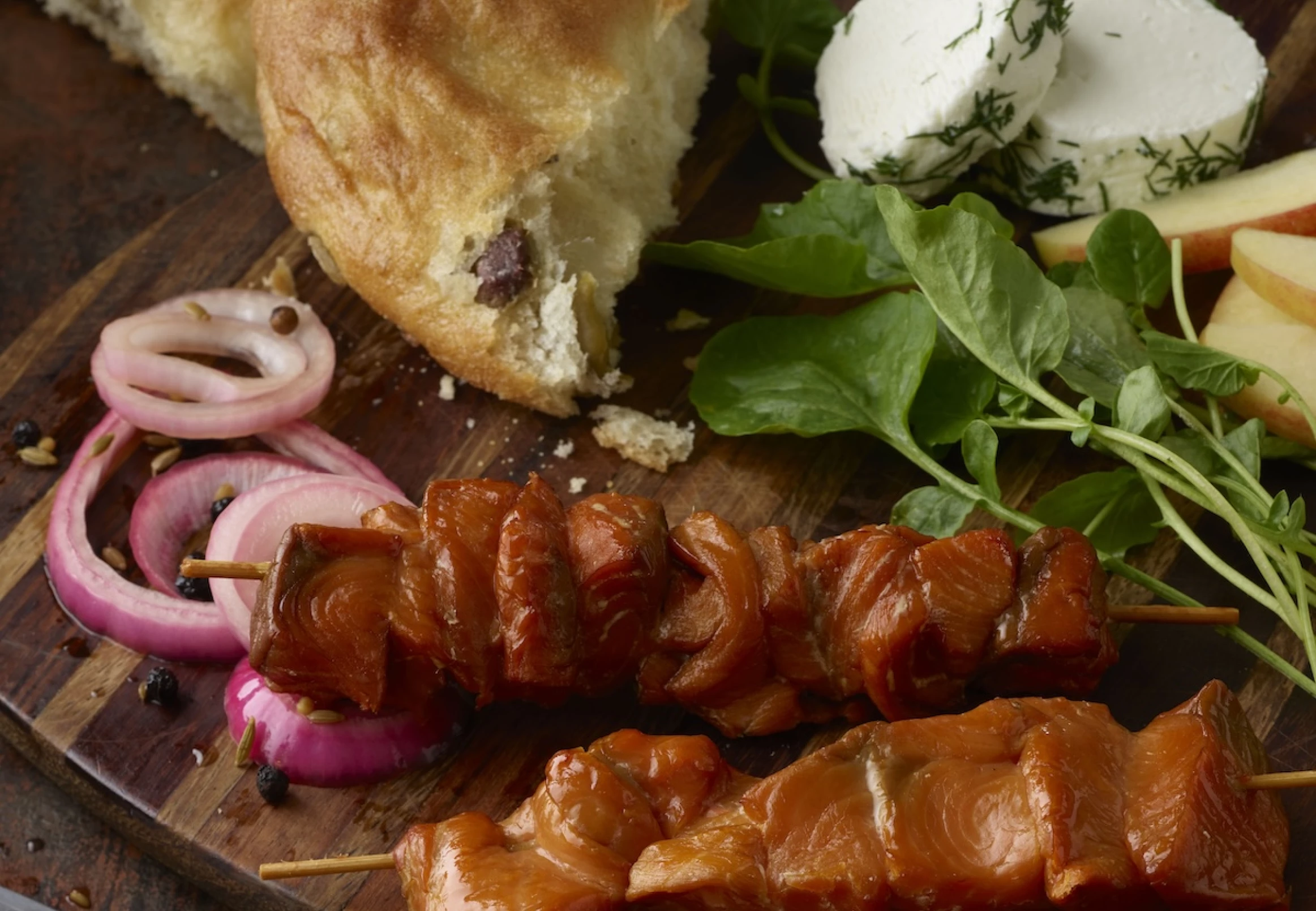 Hot Smoked Coho Skewers with Apple Spinach Salad