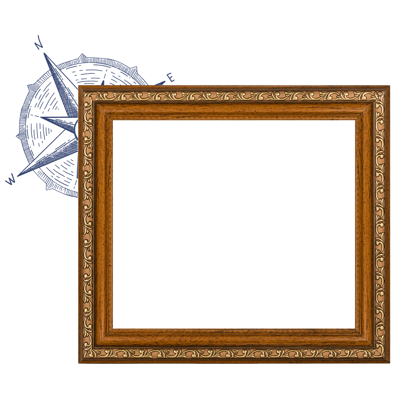 Wood picture frame with compass illustration.